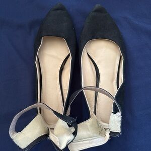 Black Suede Flat Shoes with Ankle Strap and Zipper